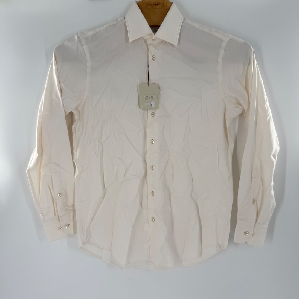 Hagen Carmel CA Mens Dress Shirt 16 34/35 Cream 100% Cotton Twill Long Sleeve